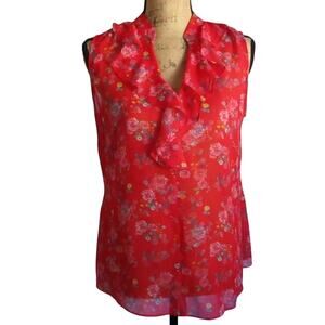 cAbi Crush Floral Ruffle Sleeveless Blouse Red Sheer Top Size S